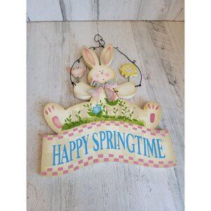 Vintage‎ wooden easter bunny rabbit happy Springtime hanging wall decor